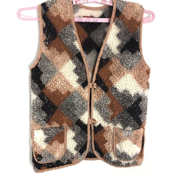 Very Wool Womens Vest Brown Beige Geometric Sherpa Pockets Buttons V Neck M - Picture 1 of 9